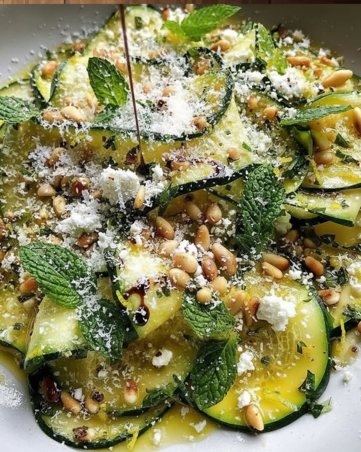 Zucchini-carpaccio met citroen, feta en pijnboompitten