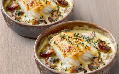 Kabeljauwfilet ovenschotel met room en champignons