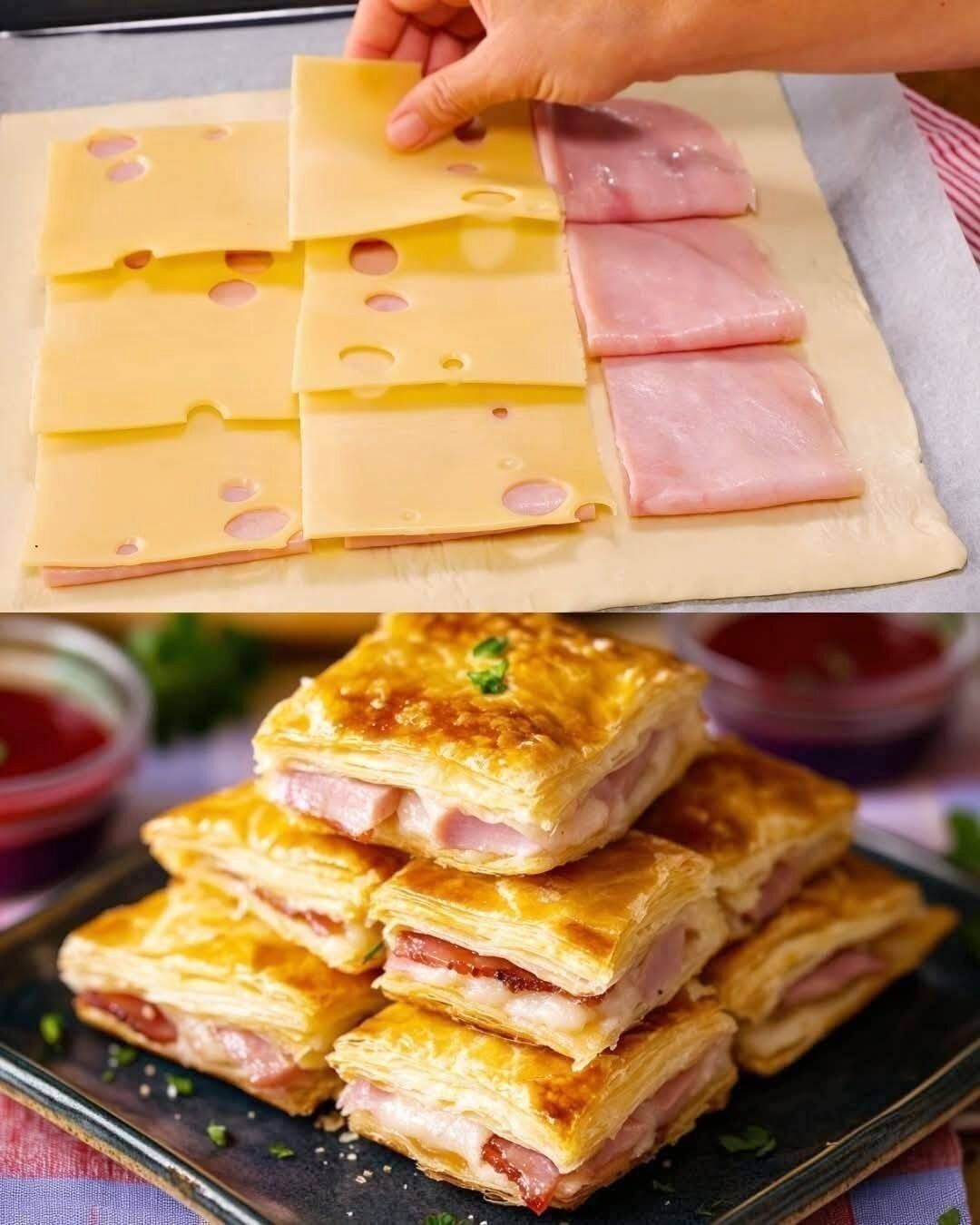 Bladerdeeg gevuld met ham en kaas