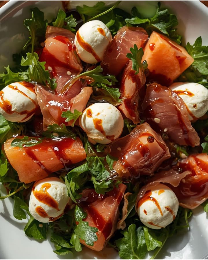 Frisse rucolasalade met meloen, ham, mozzarella en balsamicodressing