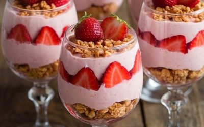 Knapperige aardbei mousse parfaits die je in 10 minuten maakt