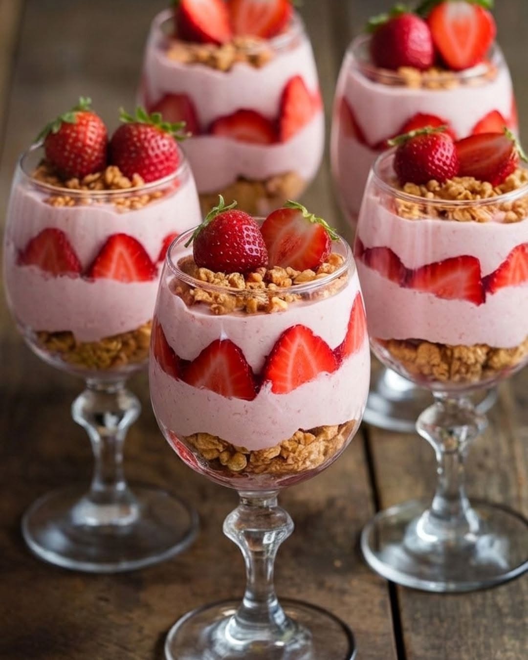 Knapperige aardbei mousse parfaits die je in 10 minuten maakt