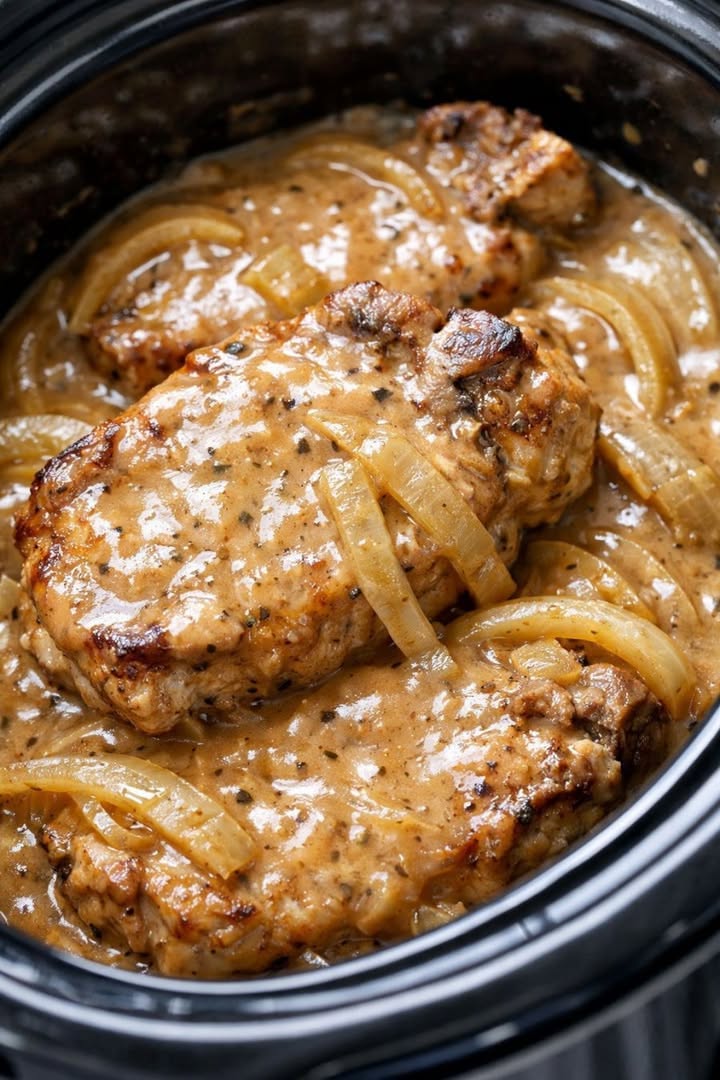 Stil en betrouwbaar. 5 ingrediënten. Ik zet het voor mijn werk in de oven en kom terug bij malse varkenskoteletten in een dikke jus.