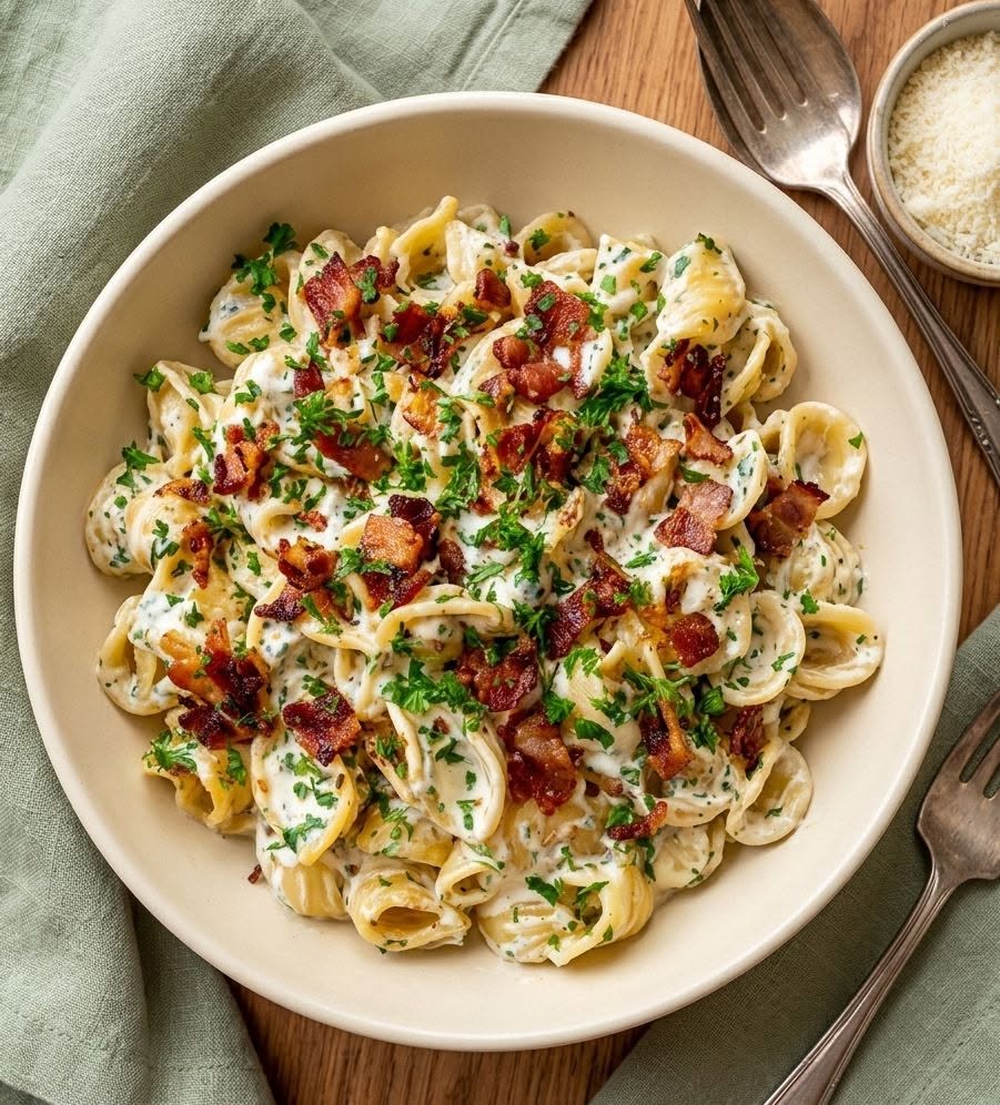 Deze Pasta Boursin met spekjes, ui en knoflook staat in 20 minuten op tafel