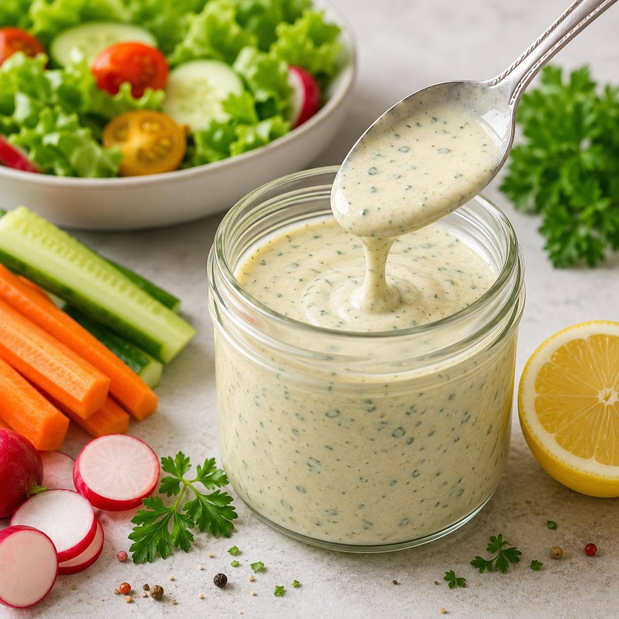 Lichte yoghurt-citroendressing voor salades en rauwe groenten