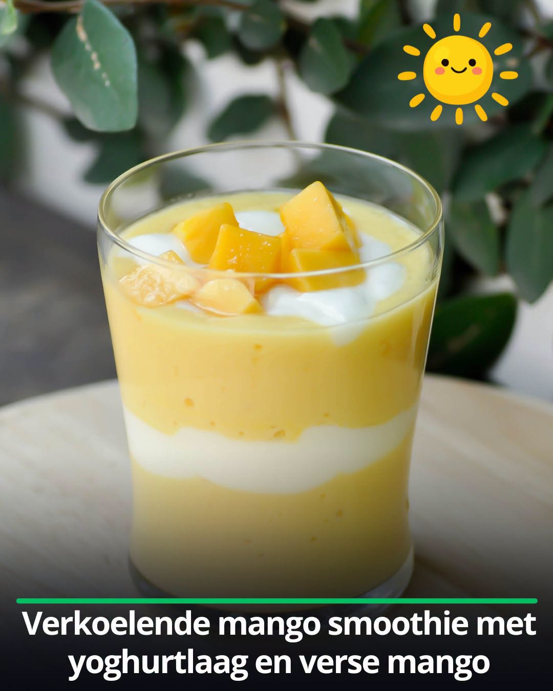 Verkoelende mango smoothie met yoghurtlaag en verse mango