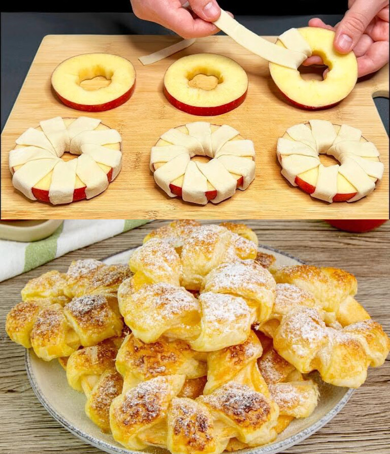 Appelringen van bladerdeeg in een paar minuten: snijd appels in plakjes en wikkel ze in bladerdeeg!