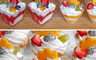 Fruitdessert in bekertjes: een lichte cheesecake-mousse met veel fruit! Klaar in 15 minuten.