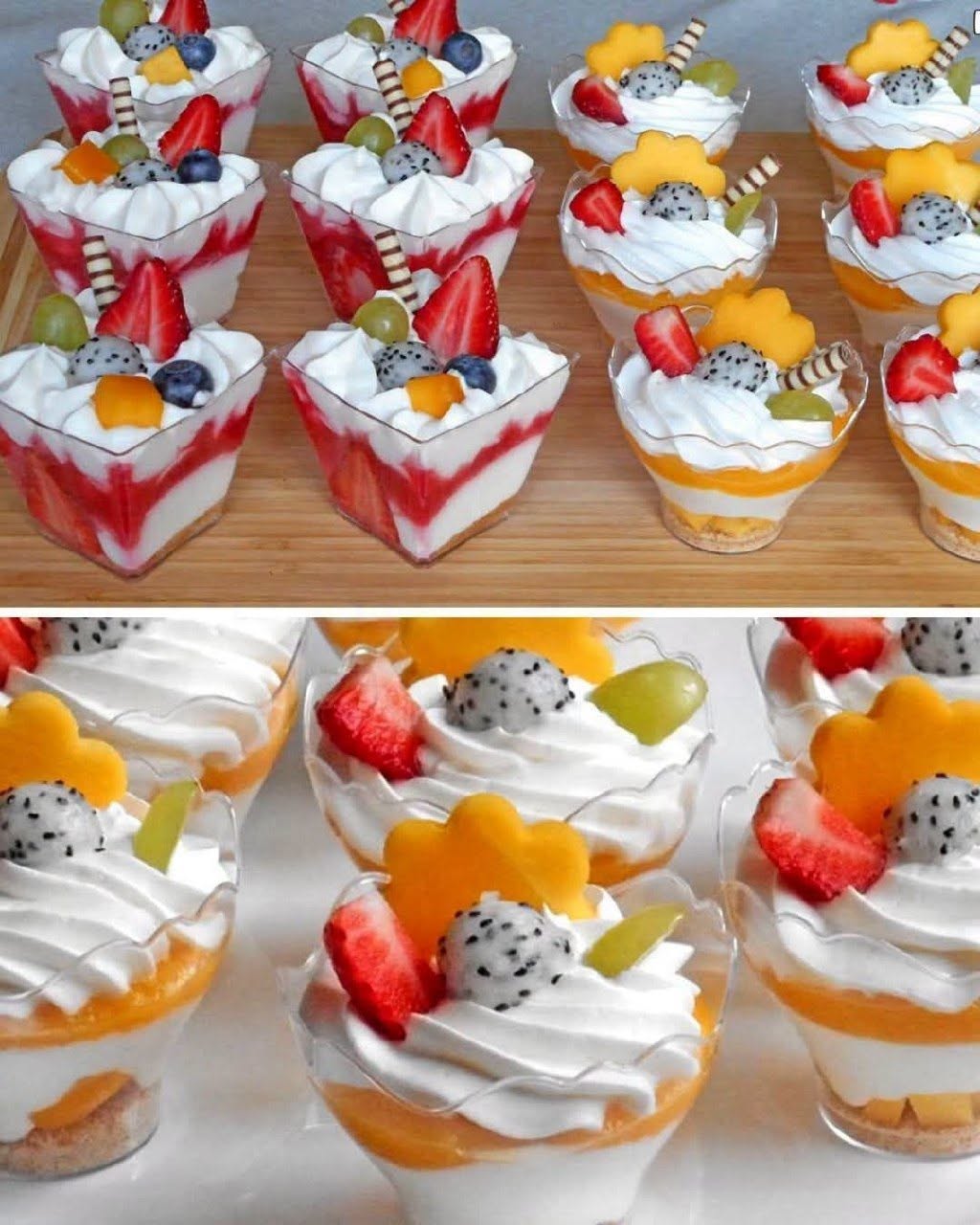 Fruitdessert in bekertjes: een lichte cheesecake-mousse met veel fruit! Klaar in 15 minuten.