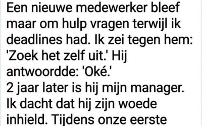 Ik dacht dat mijn harde woorden tegen een nieuwe medewerker mijn carrière zouden ruïneren, maar zijn reactie jaren later leerde me de belangrijkste les van mijn leven.
