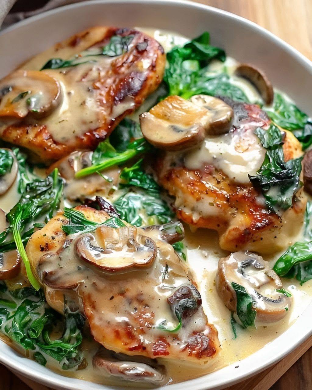 Kip met spinazie en champignons in romige Parmezaansaus